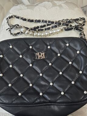 Badgley Mischka Quilted Pearl-Accent Black Crossbody Bag